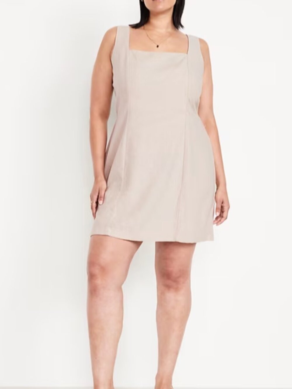 Beige Linen-Blend Square Neck Tank Dress